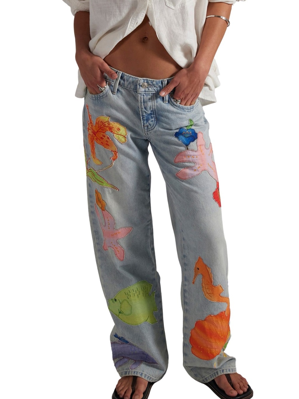 Free People Light Wash Straight-Leg Jeans with Colorful Sea-Life Appliqués